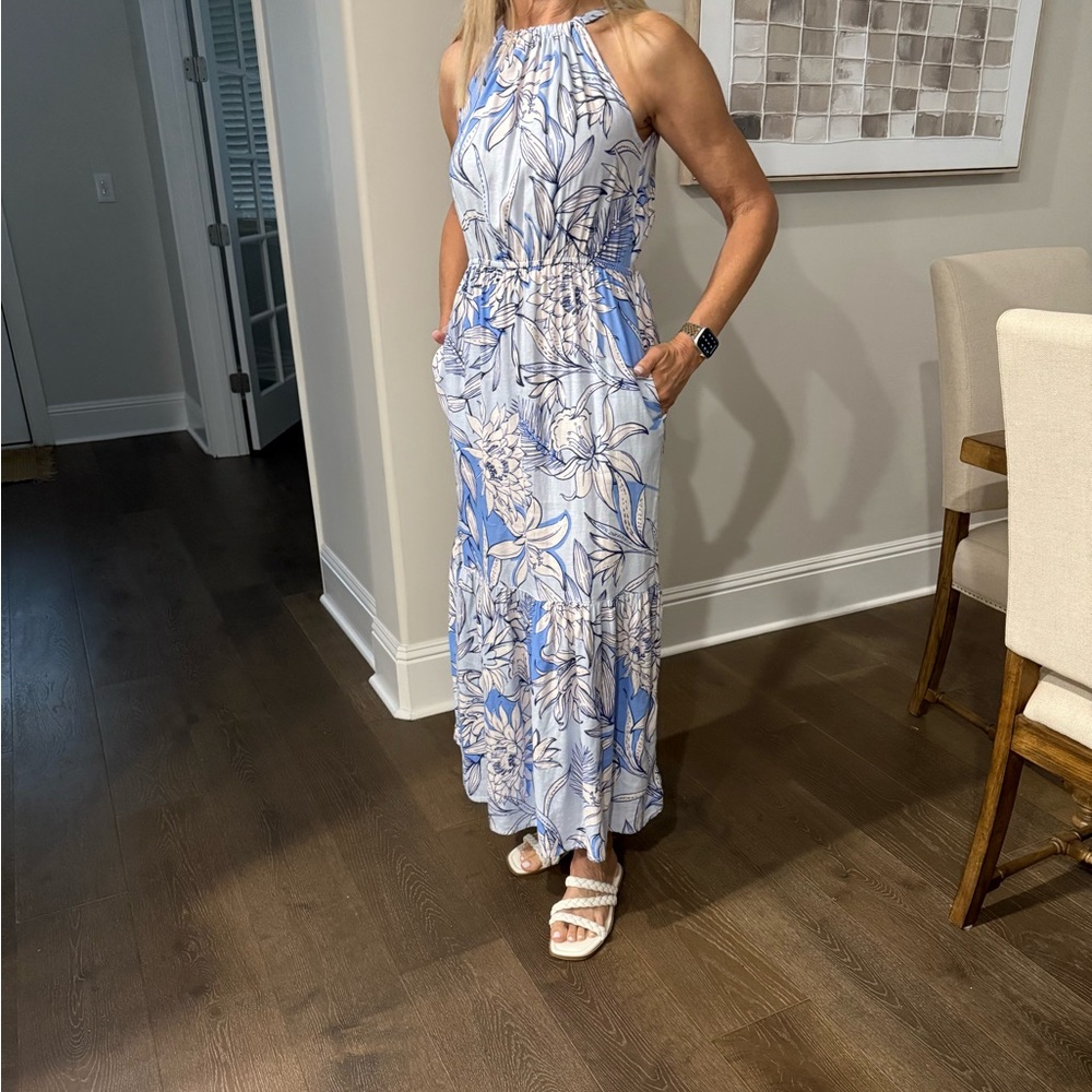 Halston Sky Blue and White Floral Maxi Dress size XS - Picture 6 of 7